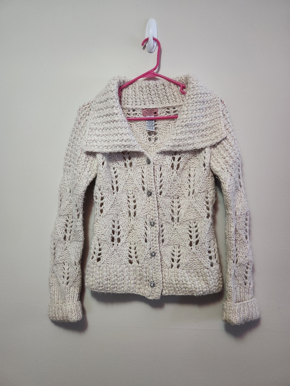 Anthropologie sz Small Handknit Dollie Ivory Sequin Wool Knit Cardigan Sweater